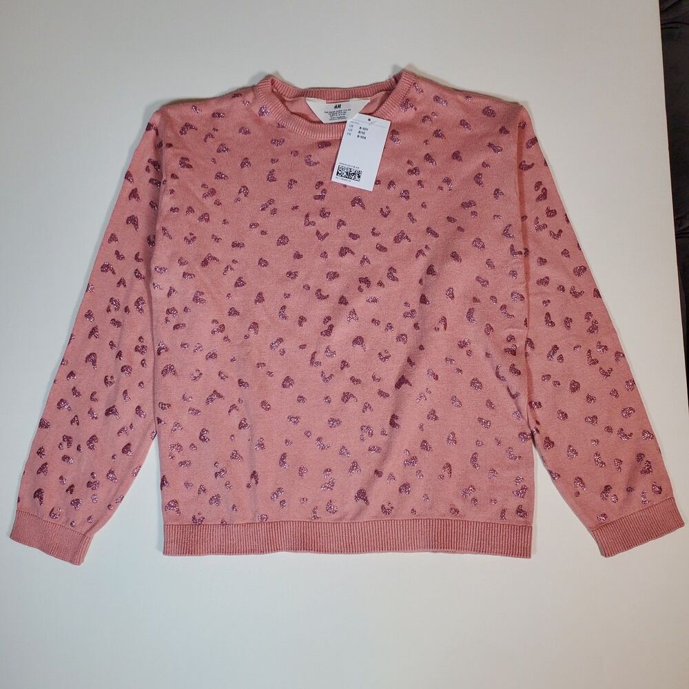 NWT H&M Girls Sweater 8-10 Light Pink Glitter Heart Long Sleeve Crew 100% Cotton